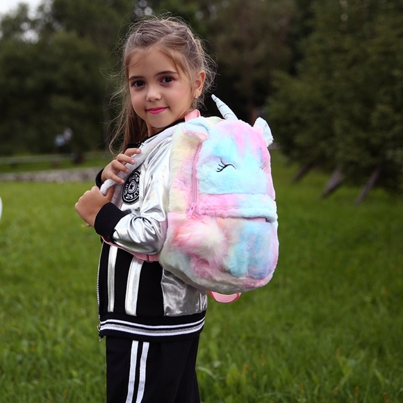 NWT UNBRANDED Tie Dye Unicorn Fur Backpack Bag - Picture 4 of 12